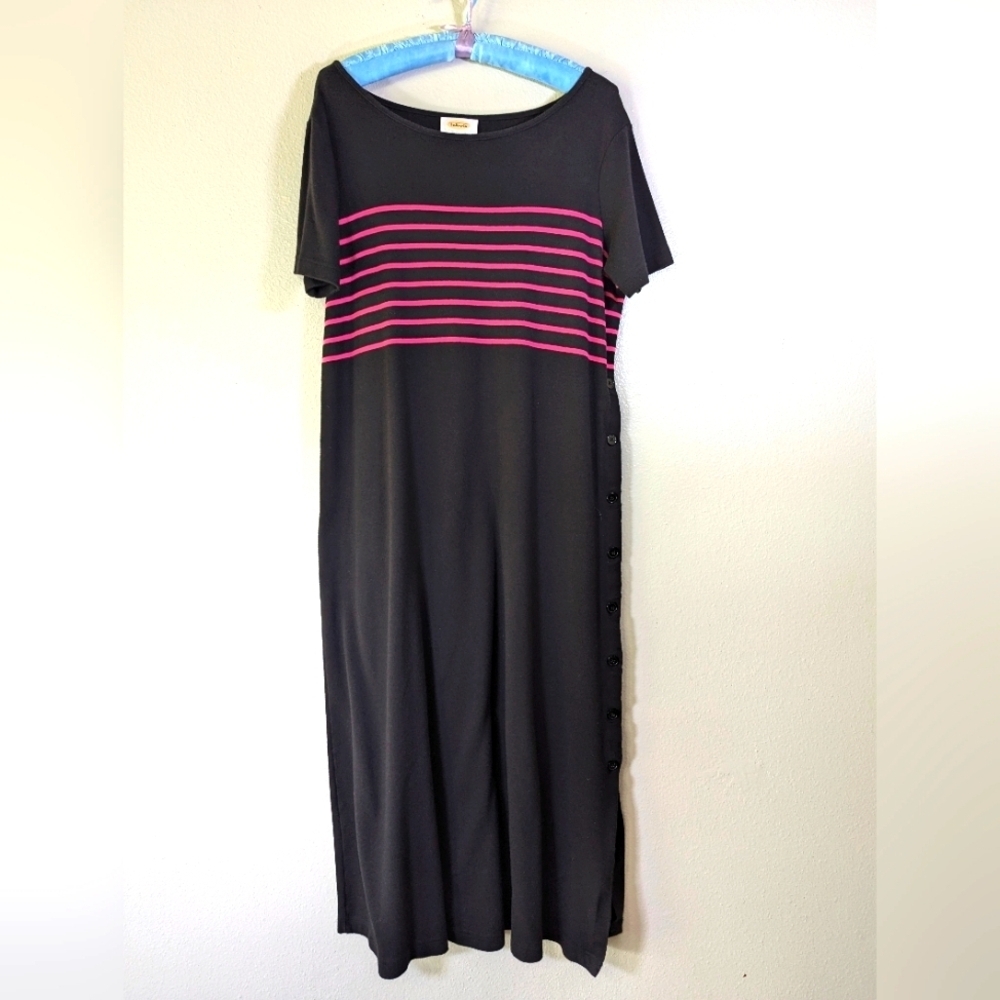 Talbots women's long black dress with pink stripes and button accents size L